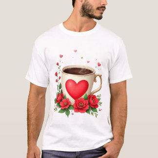 Camiseta É Hora Do Café Com Caneca E Corações Vermelhos