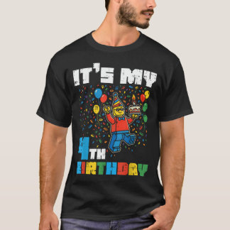 Camiseta É Meu 4º Aniversário Blocos Homem Tijolos 4 Anos d