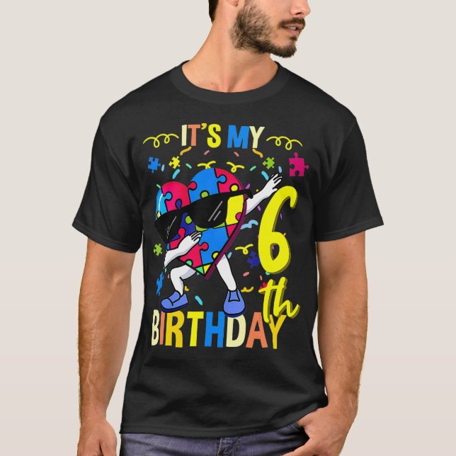 Camiseta É Meu 6 Aniversário Dabbing Autism Quebra-cabeça (Frente)