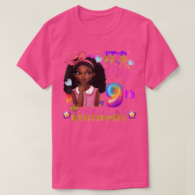 Camiseta É Meu 9º aniversário, Meninas Negras Crianças Boni (Frente do Design)