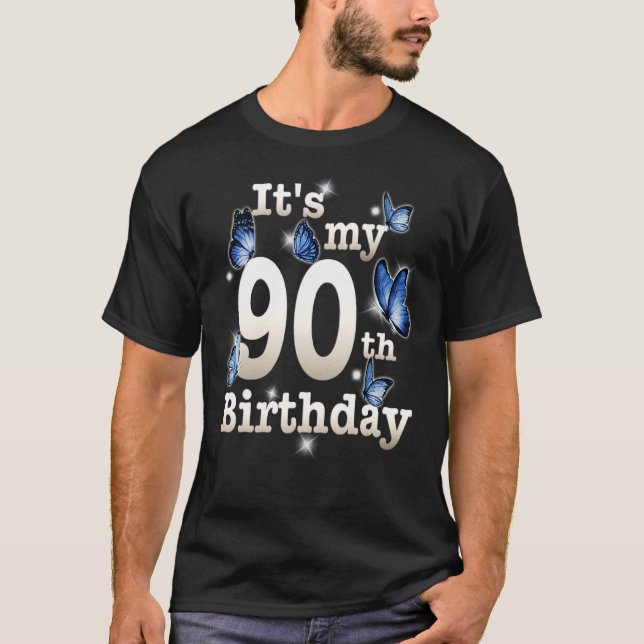 Camiseta É Minha Borboleta Azul De Aniversário De 90 Anos (Frente)