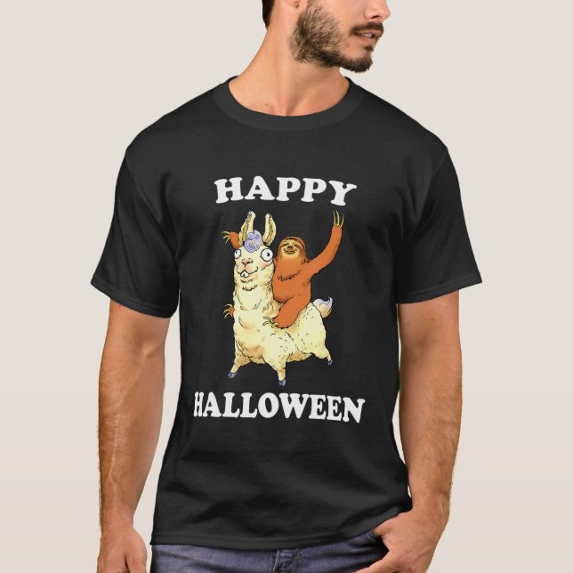 Camiseta E o Feliz Halloween Sloth Riding Lama (Frente)