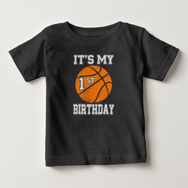 Camiseta É o Meu 1º Aniversário com Design de Basquete (Frente)
