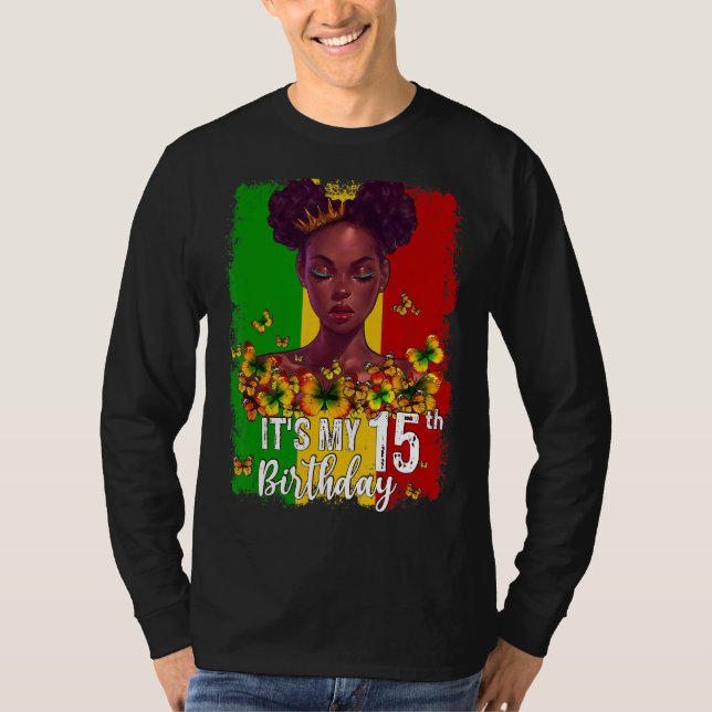 Camiseta É o meu aniversário 15 de 15 anos Melanina Preta W (Frente)