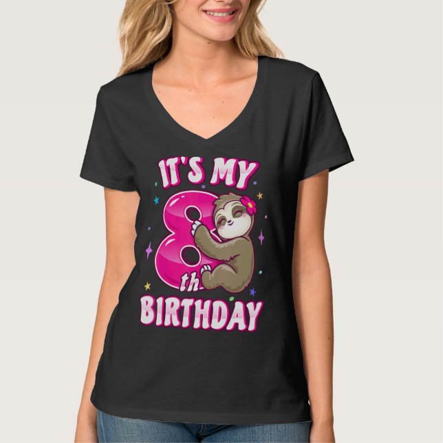 Camiseta É o meu oitavo aniversário, oitavo, moça rosa rosa (Frente)