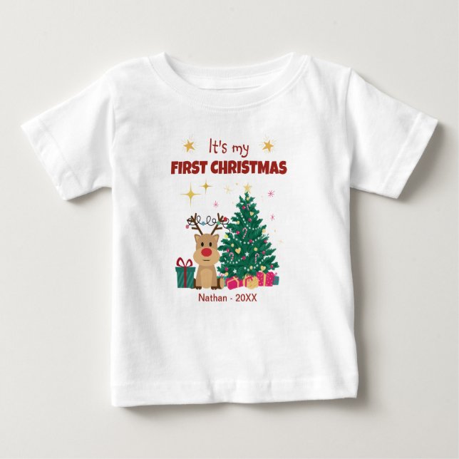 Camiseta É o meu primeiro Natal com a Reindeer (Frente)
