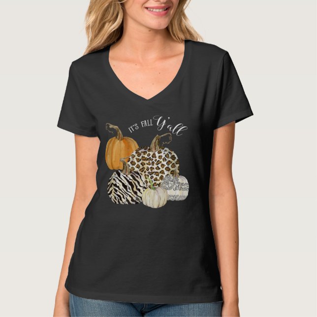 Camiseta É outono, vocês!  Pumpkins Zebra Leopardo (Frente)