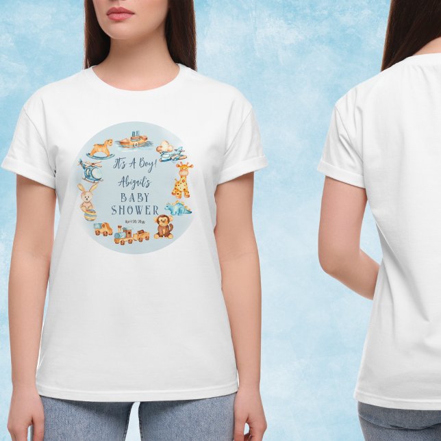 Camiseta É um menino Wooden | Chá de fraldas de brinquedos  (Wooden and Stuffed Toys "It's A Boy" Blue Baby Shower T-shirt)