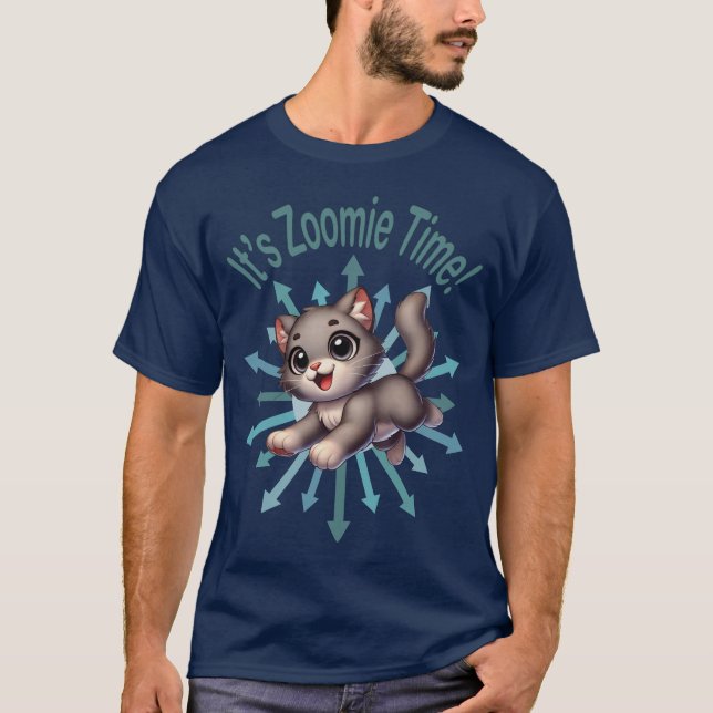 Camiseta É Zoomie Time, Cinza e Gato Branco (Frente)