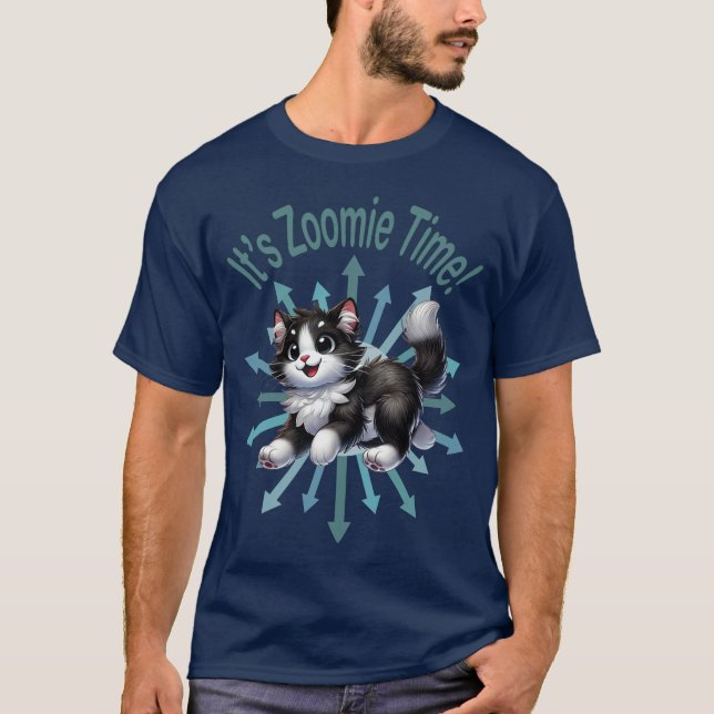 Camiseta É Zoomie Time White Black & White Cat (Frente)