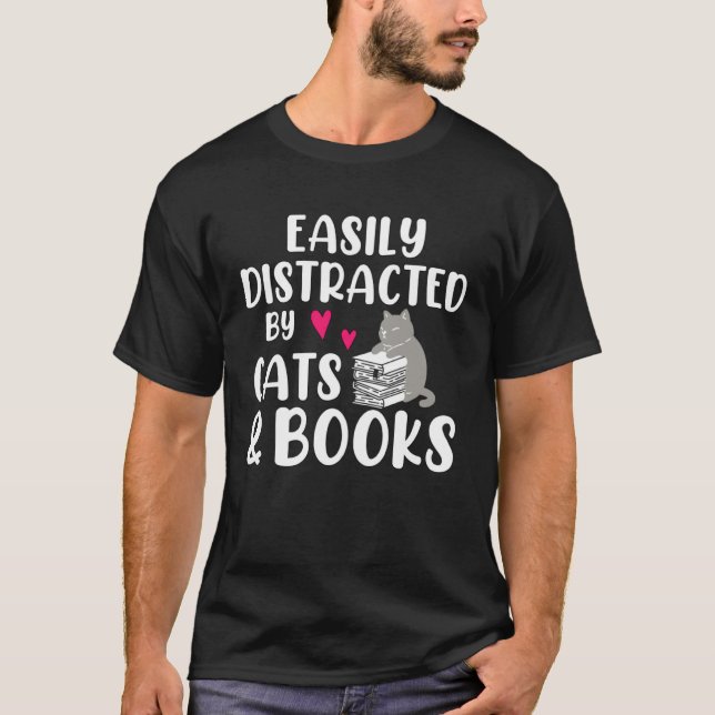 Camiseta Easily Distracted By Books Cat Kitty Reading  Read (Frente)