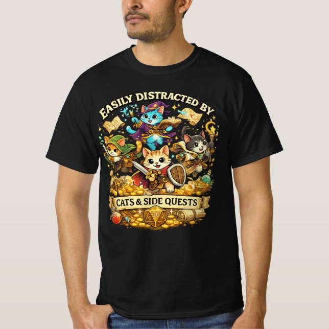 Camiseta Easily Distracted by Cats & Side Quests Funny RPG  (Frente)