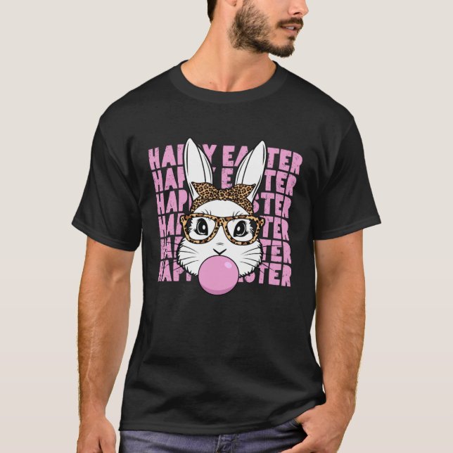 Camiseta Easter Bunny Face Glasses Leopard Happy Easter Day (Frente)