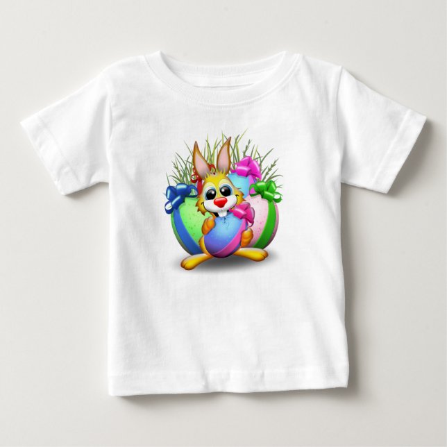 Camiseta Easter Bunny Funny and Cute Character Biting an Eg (Frente)