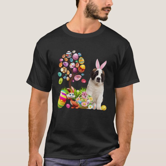 Camiseta Easter Bunny Saint Bernard Dog Ear Tree Egg Basket (Frente)