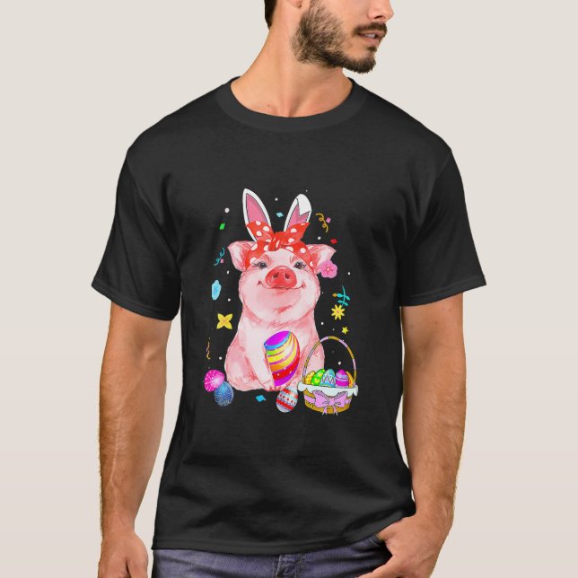 Camiseta Easter Bunny Spring Pig Bow Egg Hunting Basket Col (Frente)