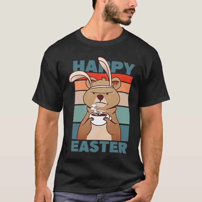 Camiseta Easter Grumpy Bear with Rabbit Ear drinks Coffee (Frente)