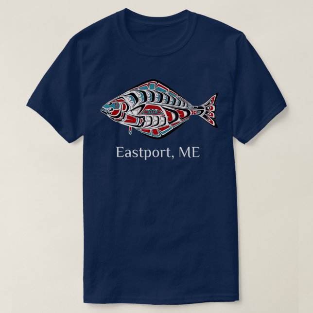 Camiseta Eastport Maine Coast Halibut Pescador Nativo Amer (Frente do Design)