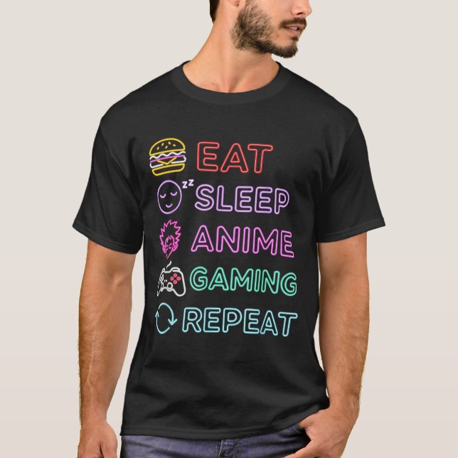 Camiseta Eat Sleep Anime Gaming Repeat Gamer Men Teen Boy G (Frente)