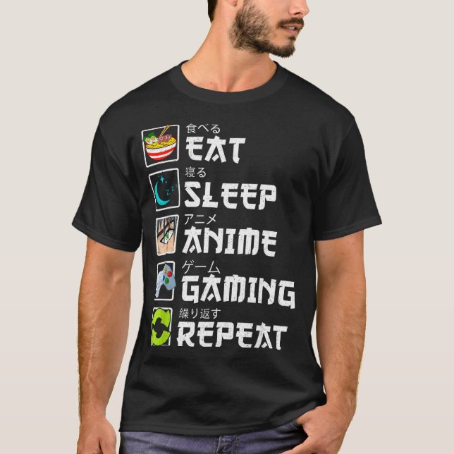 Camiseta Eat Sleep Anime Gaming Repeat Kawaii Otaku Anime M (Frente)