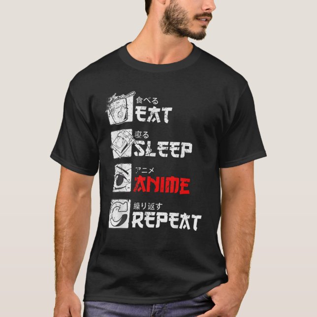 Camiseta Eat Sleep Anime Repete Manga Japão Kanji Weeb Vint (Frente)