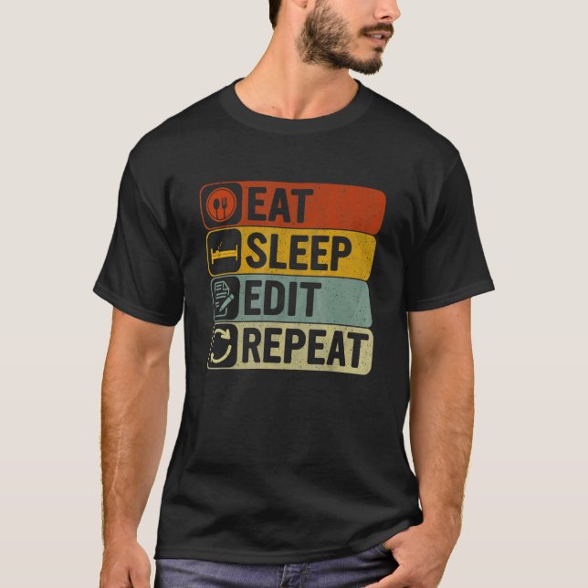 Camiseta Eat Sleep Edit Repeat Retro 60s 70s Editing (Frente)