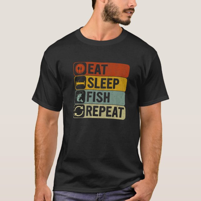 Camiseta Eat Sleep Fish Repeat Retro 60s 70s Fishing (Frente)