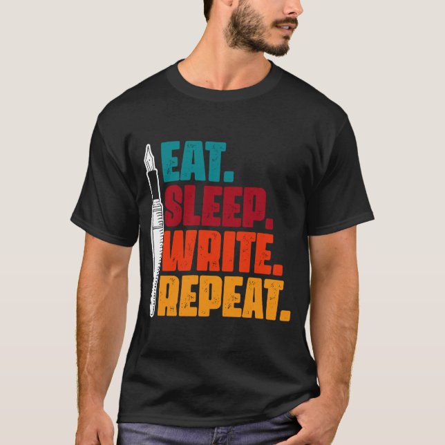 Camiseta Eat Sleep Write Repeat Escrevendo Autor (Frente)
