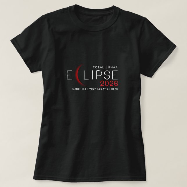 Camiseta Eclipse Lunar 2026 Localização Personalizada Comem (Frente do Design)