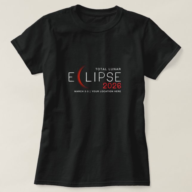 Camiseta Eclipse Lunar 2026 Localização Personalizada Comem (Frente do Design)