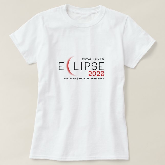 Camiseta Eclipse Lunar 2026 Localização Personalizada Comem (Frente do Design)