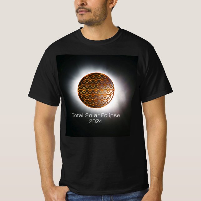 Camiseta Eclipse Solar 2024 Flor de Vida Dourada com Espuma (Frente)