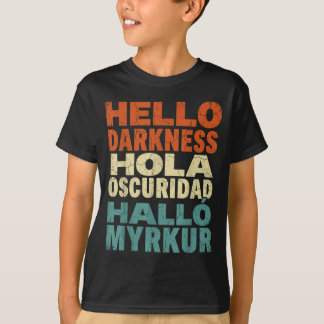 Camiseta Eclipse Solar Engraçado Olá Escuridão Multilíngue