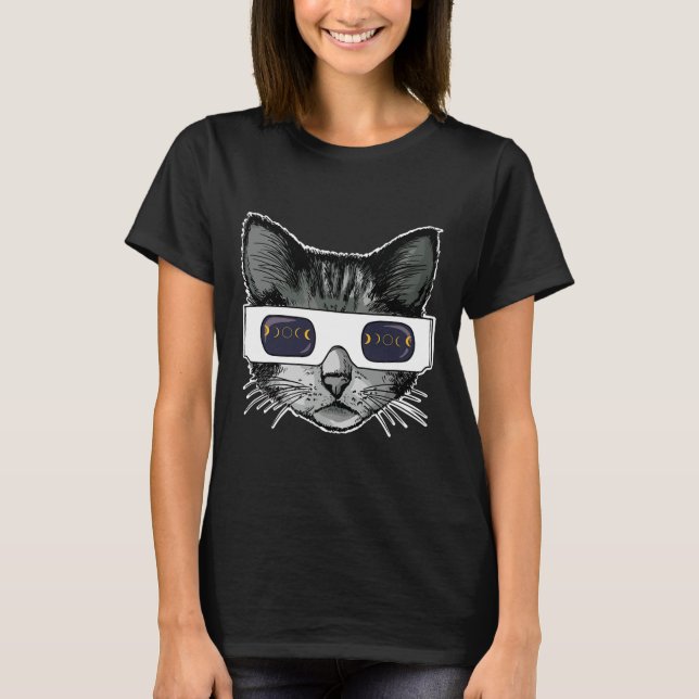 Camiseta Eclipse Solar Óculos Eclipse Solares Vestindo Gato (Frente)
