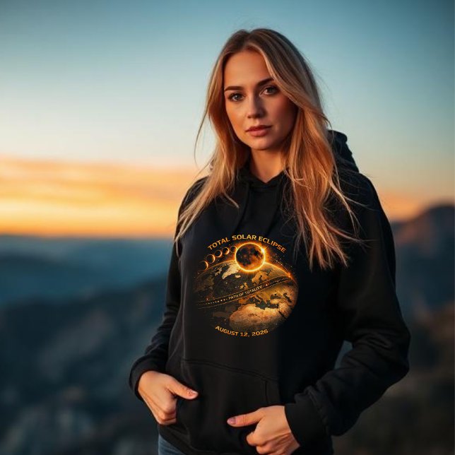 Camiseta Eclipse Solar Total 2026-Caminho da Totalidade (Total Solar Eclipse 2026-Path of Totality hoodie women)