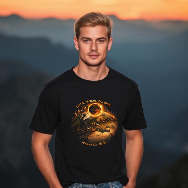 Camiseta Eclipse Solar Total 2026 - Caminho da Totalidade (Total Solar Eclipse August 12, 2026 Path of Totality t shirt)