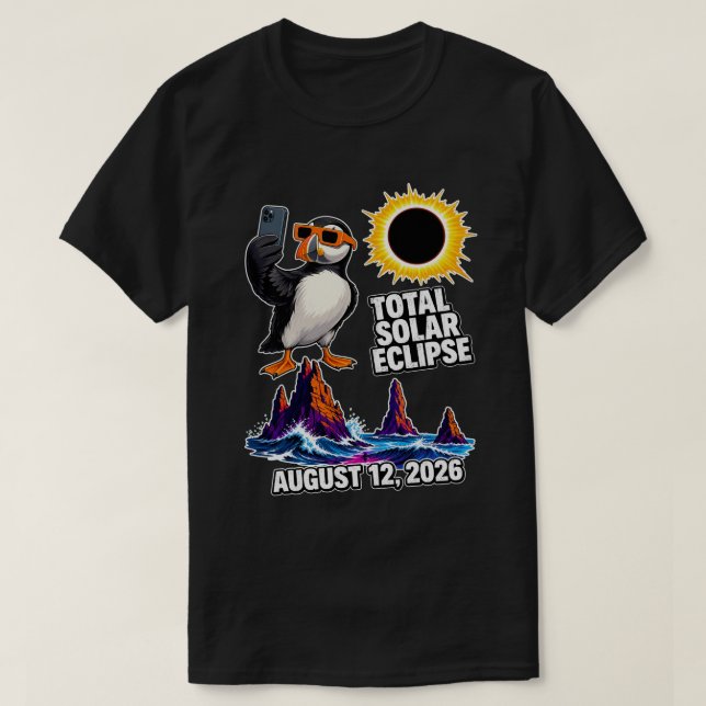 Camiseta Eclipse Total do Puffin Selfie Islândia 2026 (Frente do Design)