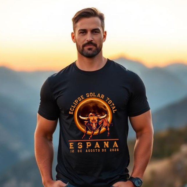 Camiseta Eclipse Total do Sol - Espanha 2026 Touro em Espan (Total Solar Eclipse- Spain 2026 Bull T-Shirt in Spanish)