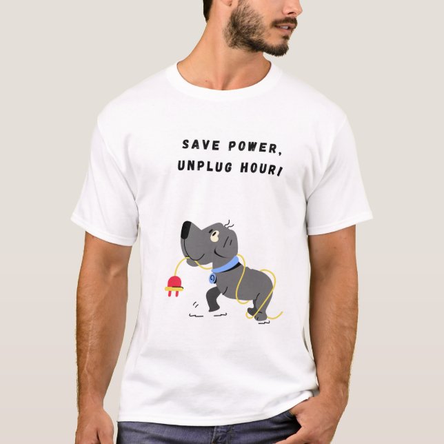 Camiseta Economize energia, desconecte a hora! Cachorro Eng (Frente)