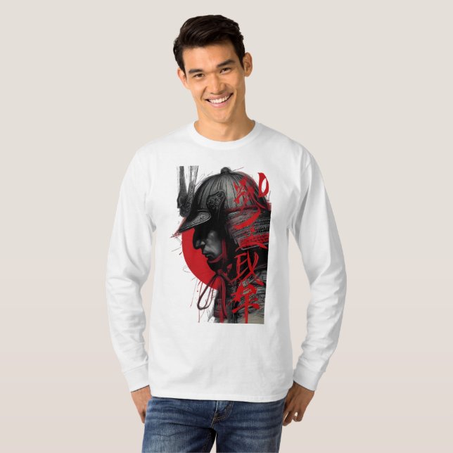 Camiseta Edgy Samurai Warrior Japanese Red Sun Long Sleeve (Frente Completa)