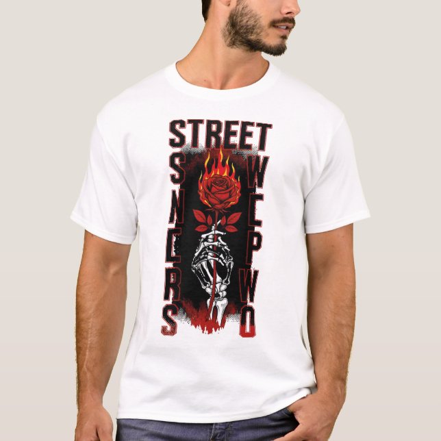 Camiseta Edgy Skeleton Hand Holding Burning Rose Streetwear (Frente)