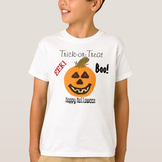 Camiseta EEK Halloween sorrindo de abóbora-picada ou boo de (Frente)