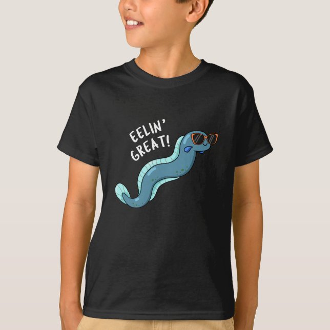 Camiseta Eelin Excelente Engraçado Slippery Eel Pun Dark BG (Frente)