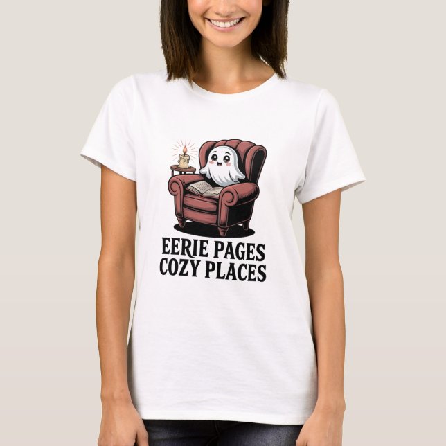 Camiseta Eerie Pages Cozy Places - livro fantasma (Frente)