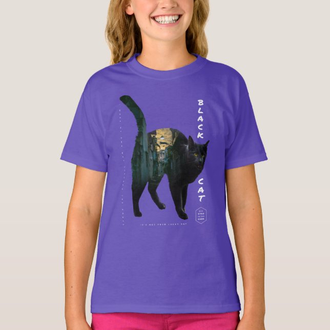 Camiseta Efeito de Exposição Dupla - Gato Preto (Frente)