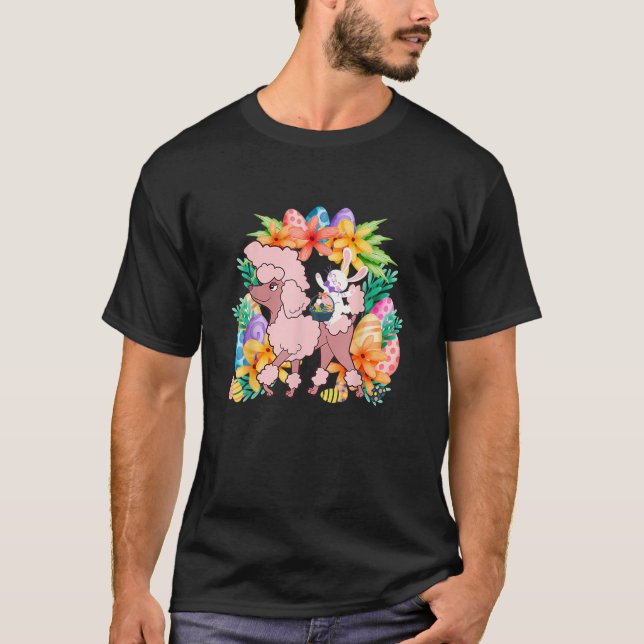 Camiseta Egg Basket Rabbit Riding Poodle Dog Happy Easter D (Frente)