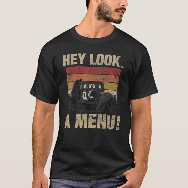 Camiseta Ei, Olhe Um Menu Acampamento Do Urso Retro (Frente)
