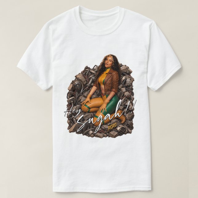 Camiseta Ei Sugah Arte de Pin-Up de Heroína Superpoderosa R (Frente do Design)