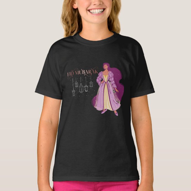 Camiseta Eid Mubarak Fitr Adha Sparkle Princesa Crianças Ra (Frente)