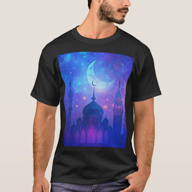 Camiseta Eid Mubarak Magic Nights Árabe Cores Crescentes (Frente)